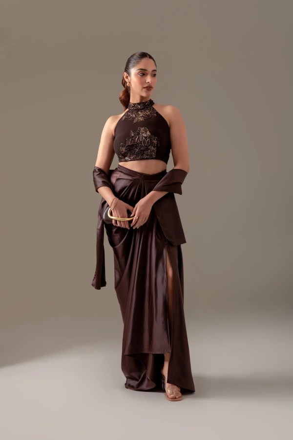 Brunette Brown Draped Skirt Set