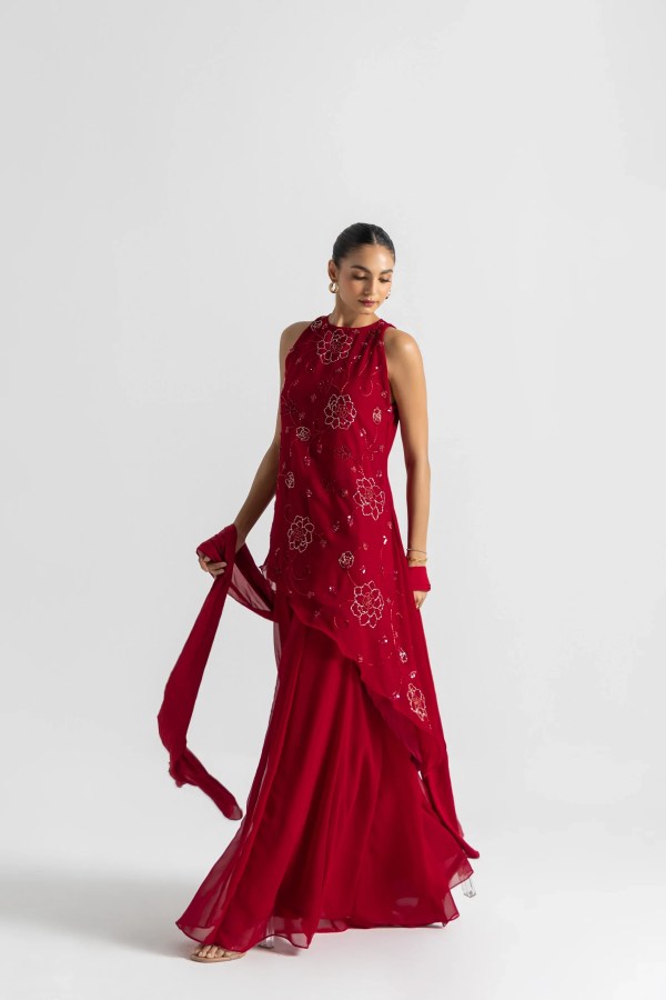 Red Asymmetric Sharara Set